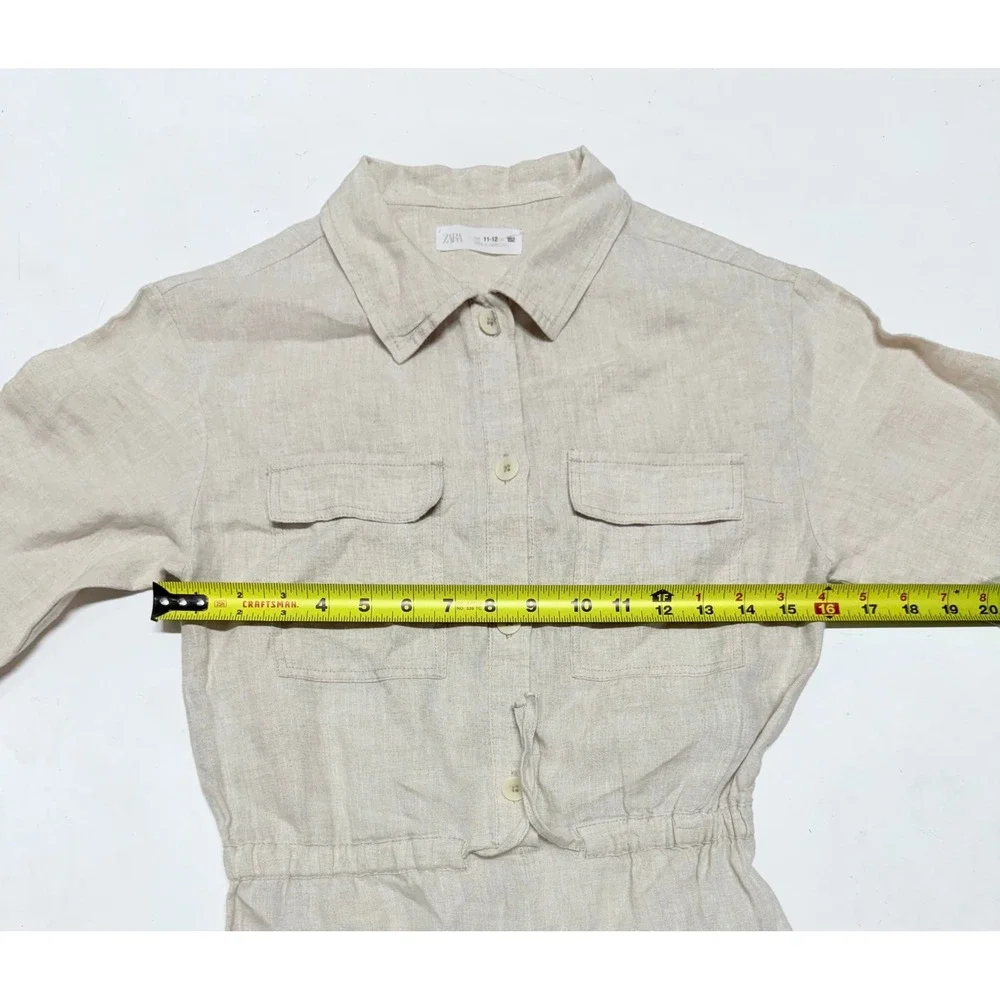 Zara Women's Tan Beige Jumpsuit Size 11-12 152‎ cm Long Sleeve Button Up Linen